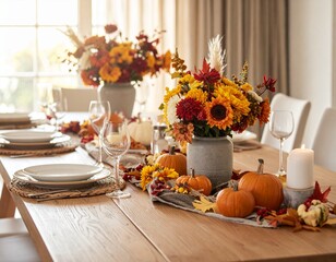 Thanksgiving table with pumpkins and flowers