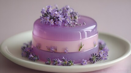 A delicate, layered dessert cake, featuring vibrant shades of purple and pink, adorned with fresh lavender blossoms and delicate silver sprinkles.