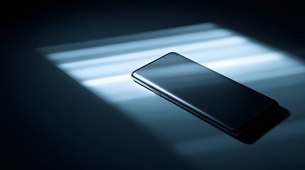 A modern smartphone rests on a surface, illuminated by dramatic light, highlighting its sleek design and minimalist aesthetic.
