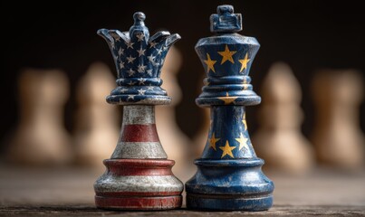 Fototapeta premium Two chess queens, one with the American flag, the other with the European Union flag, face each other