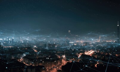 A city at night, interconnected by a network of lines