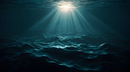 Sunbeams pierce a dark, deep ocean floor, illuminating undulating underwater terrain.