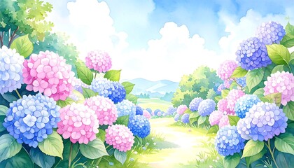 Idyllic Hydrangea-Lined Path, Sunny Day