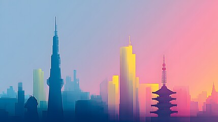A stylized cityscape view, featuring a blend of modern skyscrapers and a traditional pagoda, bathed in soft, pastel hues of dawn or dusk.