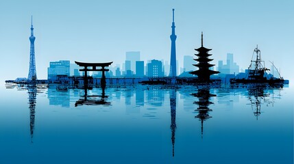 Silhouettes of Japanese landmarks, including a pagoda, torii gate, and skyscrapers, mirrored on tranquil water, evoke a serene and peaceful atmosphere.