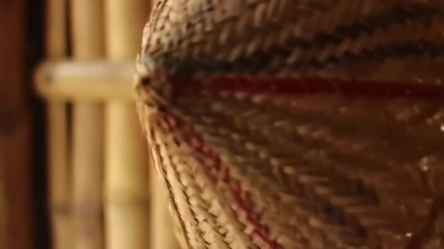 Closeup woven basket sunlight through bamboo walls