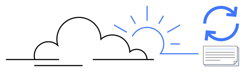 Cloud outline with rising sun, arrows indicating synchronization, and digital document. Ideal for data management, cloud computing, innovation, process automation, storage, efficiency connectivity