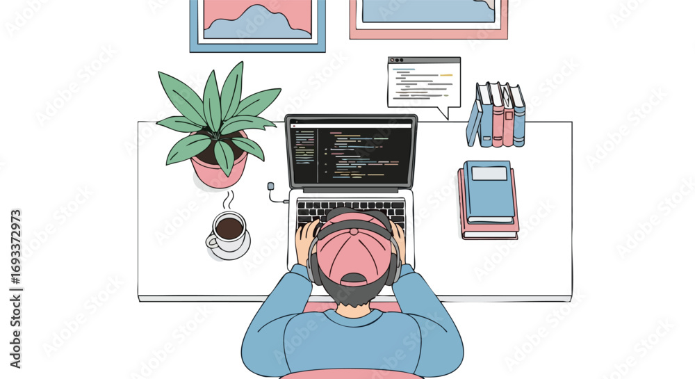 Wall mural a programmer wearing headphones, sitting at a desk and coding on a laptop from a top-down view.