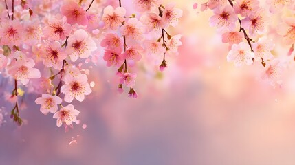Delicate pink cherry blossoms cascade gracefully against a soft, pastel backdrop, creating a serene and beautiful springtime scene.
