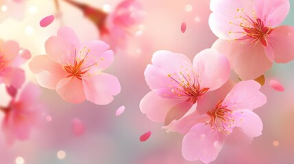 Delicate pink cherry blossoms float gracefully in a soft, pastel background, highlighting their beauty and delicate petals.