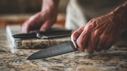 Hands Holding Sharp Kitchen Knife with Water Droplets on Blade Over Wooden Countertop