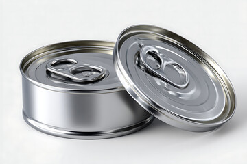 Metal tin can with pull tab lid, shiny silver container for food storage, isolated on white background