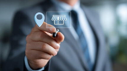Businessman pointing at virtual store icon with location pin symbol, representing digital marketing and business growth
