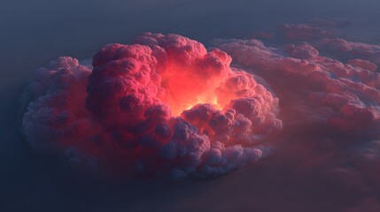 A dramatic, vibrant cloud formation glows with an inner light, showcasing a fiery, pink hue against a twilight sky.