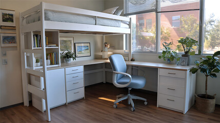 White loft bed with built in desk and shelves in bright room with large windows and plants creating calm workspace