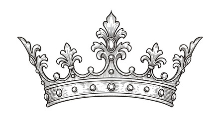 An elegant, hand-drawn vintage royal crown, meticulously detailed with ornate flourishes, presented as a versatile vector graphic on a clean white background.