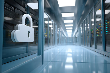 Data center security lock concept with server racks in modern room, symbolizing protection and cybersecurity