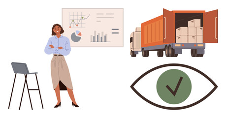 Confident woman presenting charts, delivery trucks with cargo, quality assurance icon. Ideal for logistics, business planning, shipping, data analysis, distribution, transportation simple flat