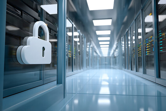 Data center security lock concept with server racks in modern room, symbolizing protection and cybersecurity