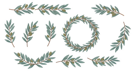 Vector illustration of olive branches and wreaths, perfect for adding a touch of elegance and nature to your designs.  Download this PNG set for your projects, including logos, cards, and more.