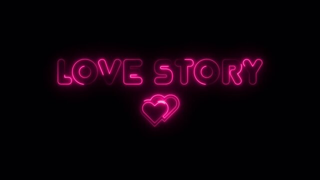 Pink neon sign displaying the words love story with two hearts on a black background, animated love story neon text with heart icon for special days.