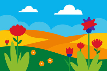 Obraz premium Vibrant cartoon landscape with rolling hills and colorful flowers under a blue sky