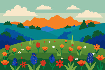 Naklejka premium Vibrant spring meadow with colorful flowers and rolling hills landscape