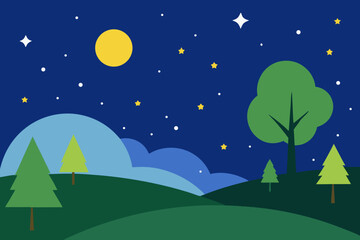 Fototapeta premium Stylized night landscape with moon and stars over rolling hills and trees