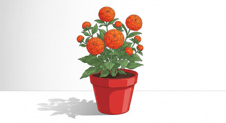 Vibrant Orange Dahlia Potted Plant with Green Leaves, Red Planter on Isolated transparent background