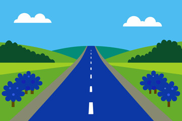 Straight highway leading through rolling green hills under a blue sky