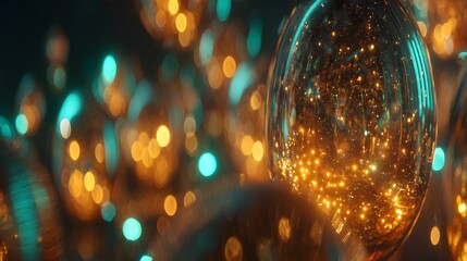 A captivating close-up of a decorative sphere reflecting shimmering lights in warm golden and teal hues, creating a mesmerizing bokeh effect.