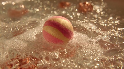A captivating, pastel-colored ball rests gently on a bed of bubbly water, showcasing a delightful combination of pink and gold stripes.
