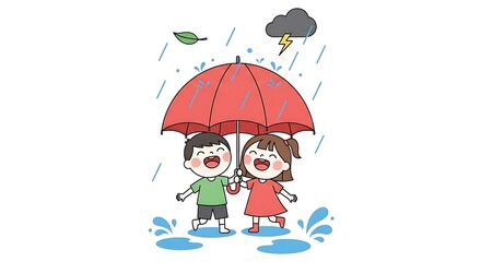 Fototapeta premium Cartoon illustration of two children under a red umbrella in the rain with a storm cloud above them