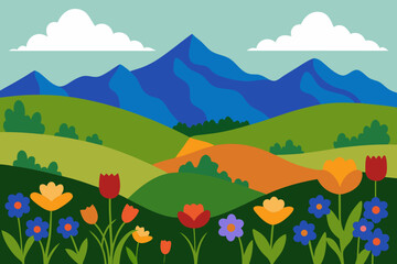 Naklejka premium Vibrant spring landscape with rolling hills mountains and colorful flowers