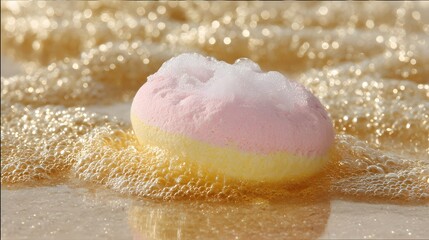 A vibrant, light-pink and yellow bath sponge rests amidst a bubbly, golden-toned surface, creating a relaxing and refreshing scene.