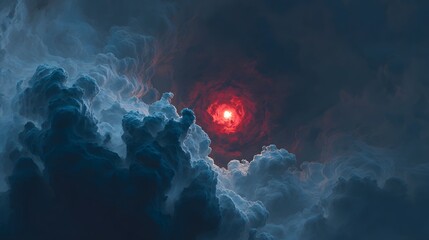 A dramatic celestial scene portrays a swirling, ominous red sun surrounded by dark, textured clouds.