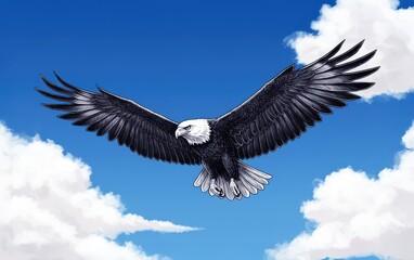 Obraz premium Soaring Eagle in the Sky: An American bald eagle effortlessly glides through a vibrant blue sky adorned with fluffy, white clouds. Its powerful wings are spread wide.