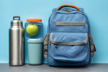 Fototapeta premium Blue backpack with lunch containers and green apple for school or work meal preparation on blue background