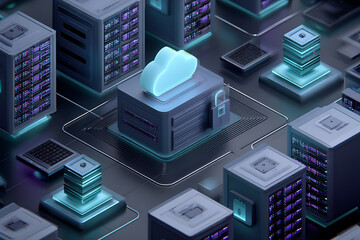 Cloud computing concept with server racks and data storage units glowing in futuristic blue light