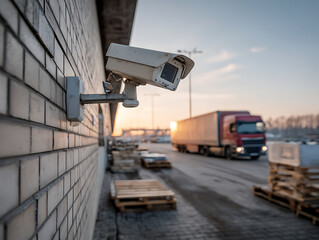 Security camera mounted on brick wall monitoring industrial area with truck and pallets at sunset