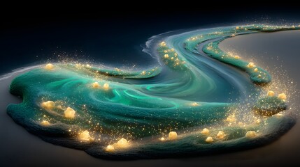 A flowing teal landscape, dotted with luminous, glowing objects, creates a captivating and ethereal scene.