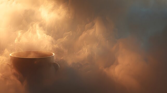 A warm white ceramic cup is enveloped in a soft, golden haze of swirling steam.