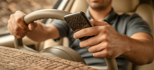 Distracted Driving: The dangers of distracted driving are brought to light in this evocative image of a driver engrossed in their smartphone, disregarding the road ahead and putting safety at risk.