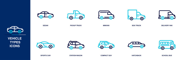 Vehicle Types Blue Colored Outline Icon Set