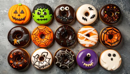  A vibrant top-down view of Halloween themed donuts on a rustic surface. Each donut is uniquely decorated, featuring spooky designs like jack-o'-lanterns, mummies, and spiderwebs.  