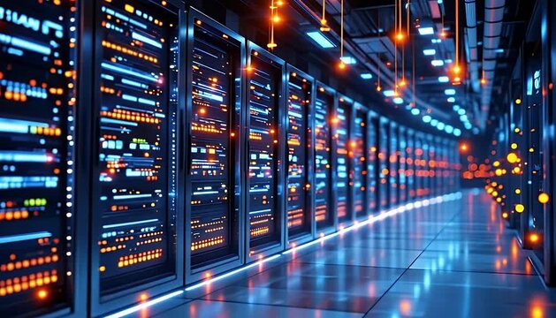 Cinematic fly-through of a futuristic data center corridor with glowing server racks processing data. - Powered by Adobe