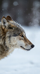 Obraz premium Side profile of a gray wolf exhaling in cold air, detailed fur texture, snowy background