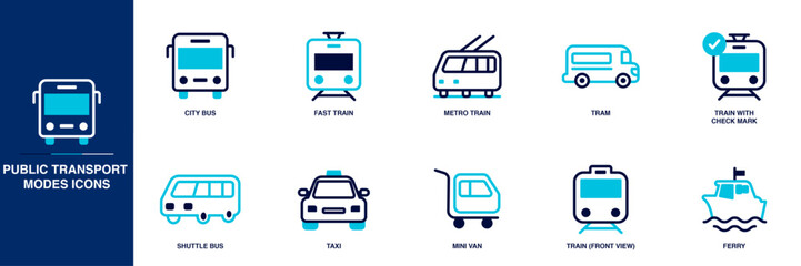 Public Transport Modes Blue Colored Outline Icon Set