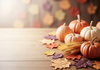 Autumn Harvest: Pumpkins, Wheat, & Fall Leaves on Wood