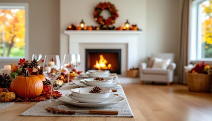 Thanksgiving dinner table setting in a cozy living room with fireplace and autumn decorations.